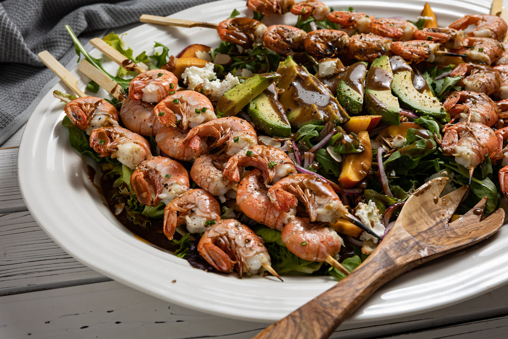 Grilled Spot Prawn Skewers with Peach and Avocado Salad